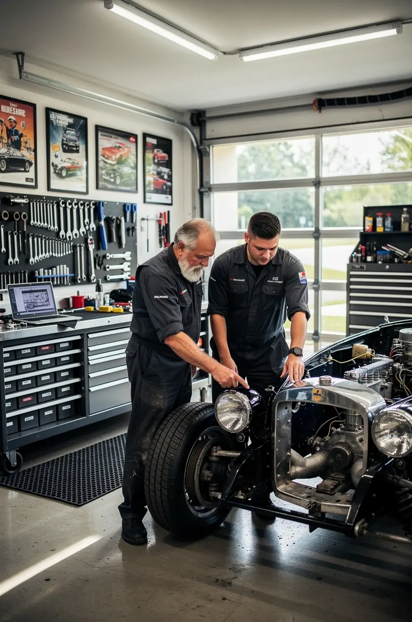 Innenansicht eines spezialisierten Servicezentrums mit Fokus auf Premiumfahrzeuge und Kundenservice.